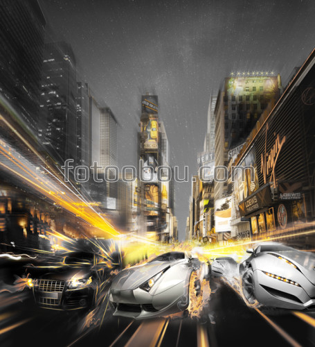 скорость машин ,ночной город ,машины ,дома