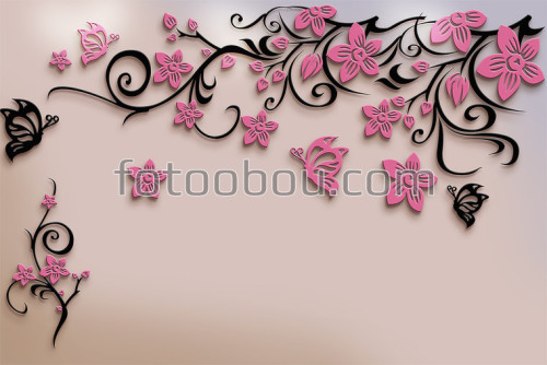 3д, бабочки, цветы, розовые, черные