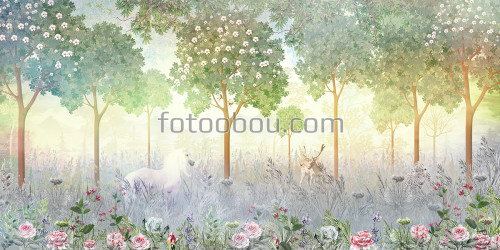 лес, арт, леопард, лошадь, олень, цветы, деревья