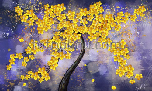 желтые цветы, дерево, живопись, на стену, стена, дизайнерские