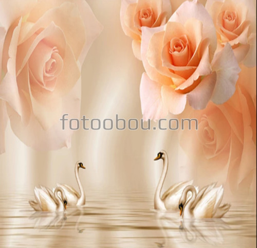 Розы с лебедями, 3 д розы, лебеди, вода