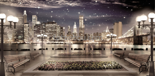 Нью йорк, ночной город, набережная, звезды, цветы, мост, море, река, океан, небоскребы
