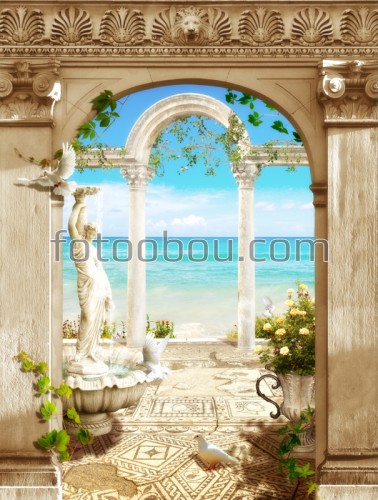 арка, колонны, фонтан, море, песок, пляж, небо, облака, цветы