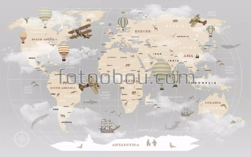 Воздушная карта мира, карта, самолеты, шары, воздушный шар, на стену, корабли