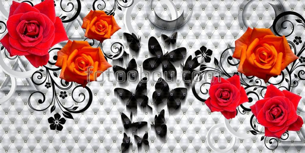 бабочки, розы, ветви, стена, абстракция