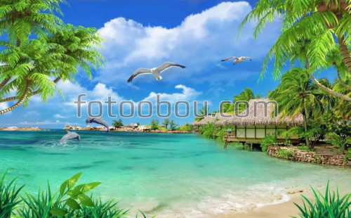 рай, остров, пляж, песок, бунгало, домики, море, океан, дельфины, чайки, пальмы, на стену, стена