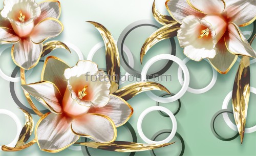 цветы, 3д, кольца, стебли, листья