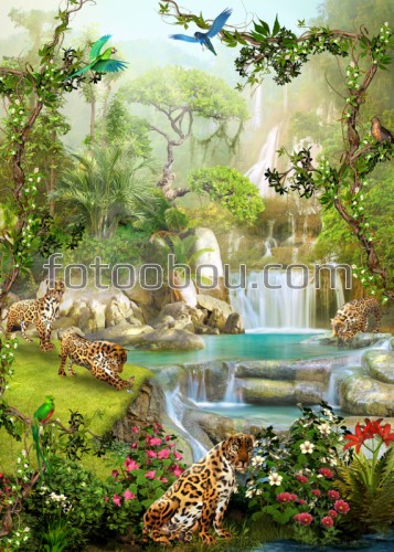 леопард, птицы, попугай, деревья, цветы, трава, водопад