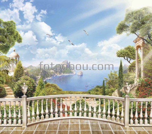 горы, лес, природа, море, терраса, фотообои пейзаж