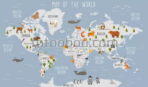 , карта мира, станы, английская, животные, детская