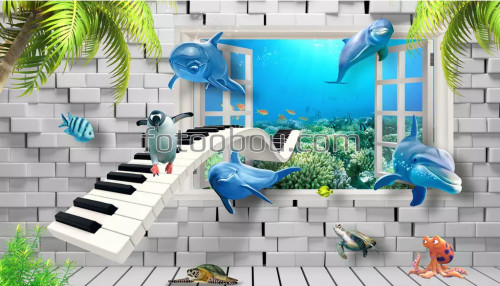 Музыкальный океан, клавиши, пингвин, дельфины, океан
