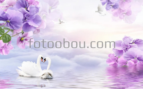 белые лебеди, озеро, пруд, река, голуби, цветы, незабудки, 3д, 3d, на стену, стена, дизайнерские
