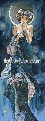 девушка, луна, месяц, рисунок