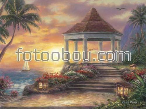 море, парусник, беседка, набережная, пальмы