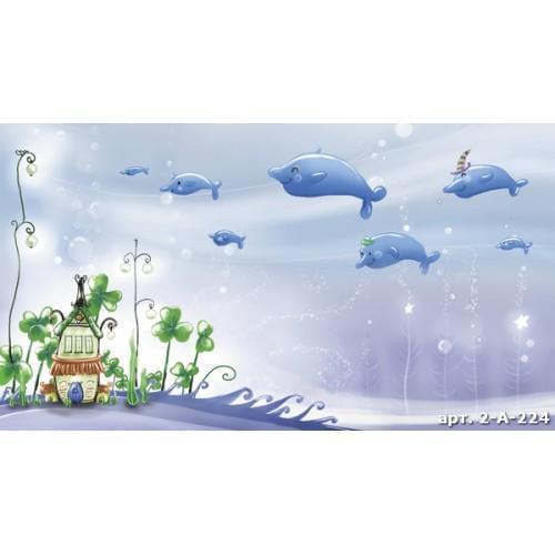 дом, дерево, фонарь, дельфины, синий, голубой, зеленый, вода, пузырьки