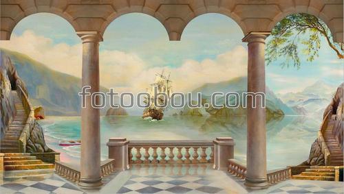 терраса, корабль, море, набережная, горы