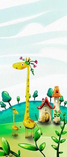 жираф, веточка, дома, небо, облака, цветы