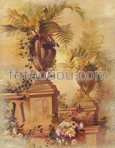 живопись, картина, цветы, вазы, колонны