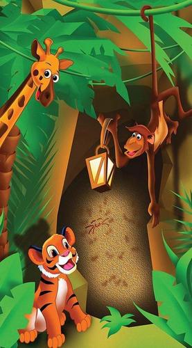 жираф, тигренок, обезьяна, фонарь, пальмы, зеленый, коричневый