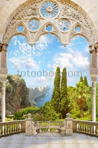 кирпичная арка,море,скалы,корабли ,небо ,пальмы,лавка ,деревья,облака