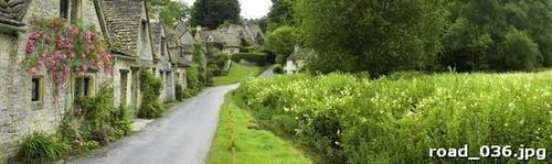 дорога, трава, деревья, дома, село