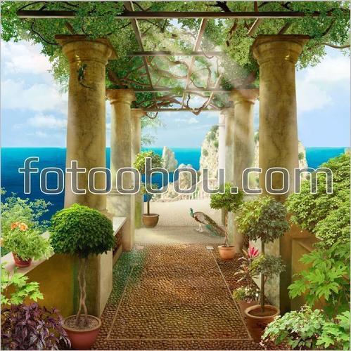 сад, аллея, терраса, море, павлин, цветы, колонны