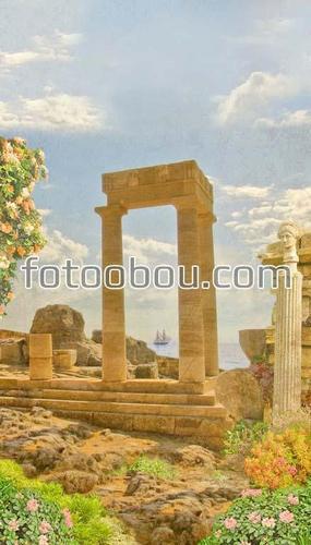 колонны, старый город, руины, цветы, небо