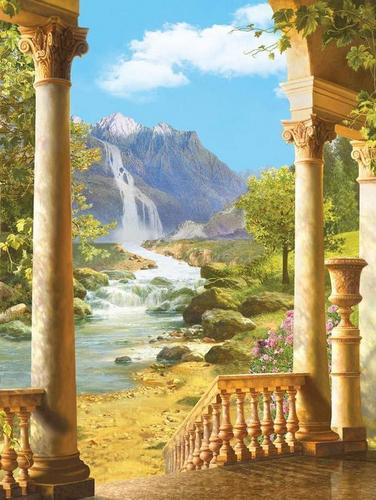 колонны, арка, водопад, горы, река