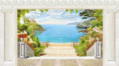 пляж, песок, море, парк, сад, терраса