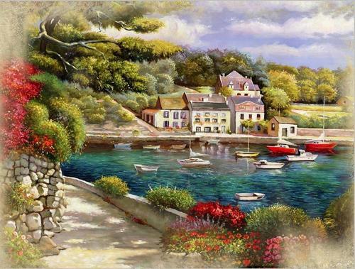 река, катера, дом, природа, цветы, парк