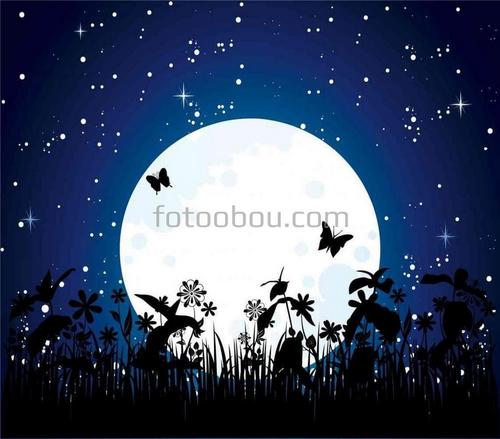 луна, небо, поле, трава, ночь, природа