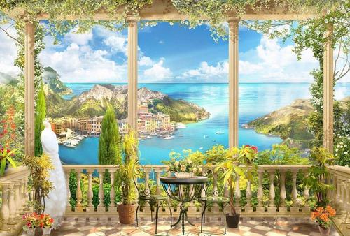 терраса, природа, цветы, колонны, столик, море, горы