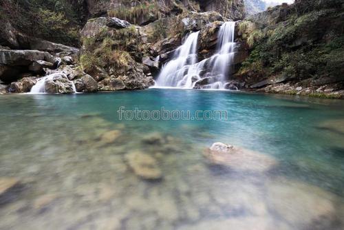 водопад, озеро, камни