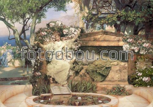 сад, греция, девушки, цветы, фонтан