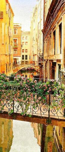 мост, цветы, дома, река