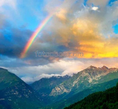природа, радуга, небо, облака, горы, рассвет