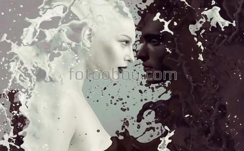 девушка, парень, любовь, брызги, жидкость, монохромная картина, 3д, 3d, брызги