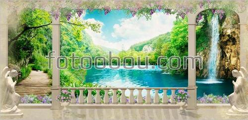 природа , водопад , мостик , ангелы ,небо ,дерево ,цветы ,цветок