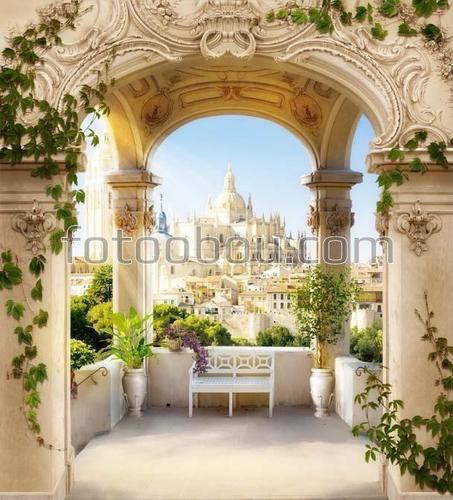 арка, вид, собор, храм, цветы, колонны, балкон