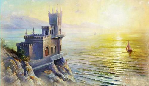 замок, море, корабль, горы, природа