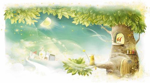 дерево, дом, кот, луна, зеленый