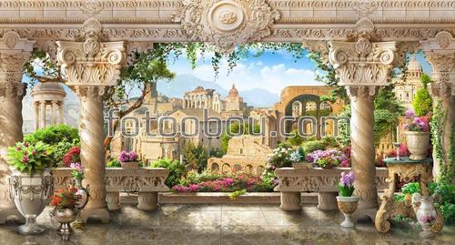 терраса, колонны, древний город, цветы, античность