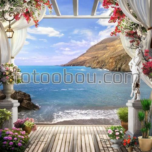 море, горы, терраса, цветы, природа