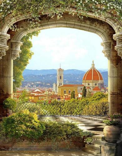 арка, город, терраса, цветы, природа