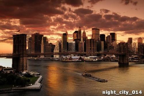 река, город, небоскребы, вечер, сумерки