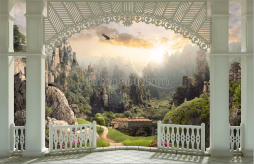 веранда ,солнце ,орел ,горы ,облака,долина ,тропинка ,замок