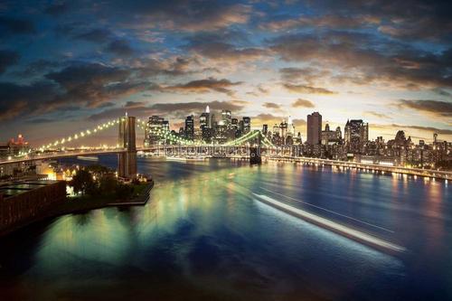 река, мост, город, ночь, фонари