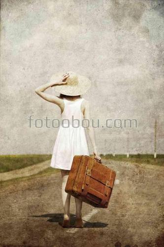 девушка, дорога, чемодан, ретро, шляпа