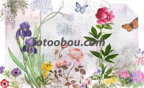 роза ,пион,красные цветы ,синие ирисы  ,бабочки, желтый бутон 