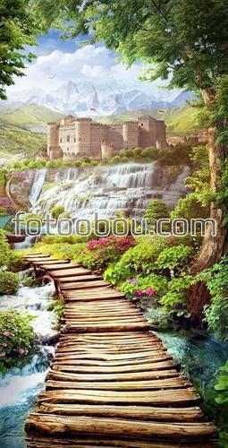 река, мост, замок, водопад, природа